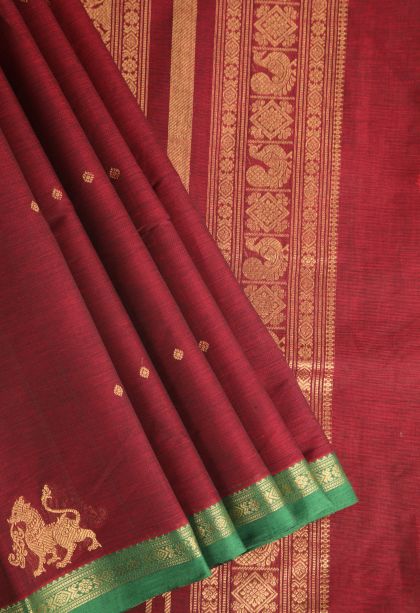 Cherry  Red Kovai Cotton Sarees with Gold Zari Buttis (small Dots Or Motifs)