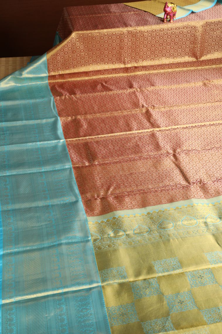 Cider Orange Kanchipuram Silk Sarees with Gold Zari Floral Puttas view 2