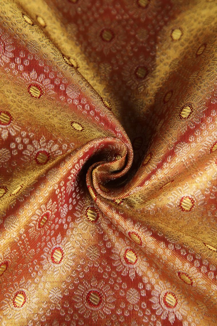 Cider Orange Kanchipuram Silk Sarees with Gold Zari Floral Puttas view 4