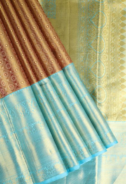 Cider Orange Kanchipuram Silk Sarees with Gold Zari Floral Puttas