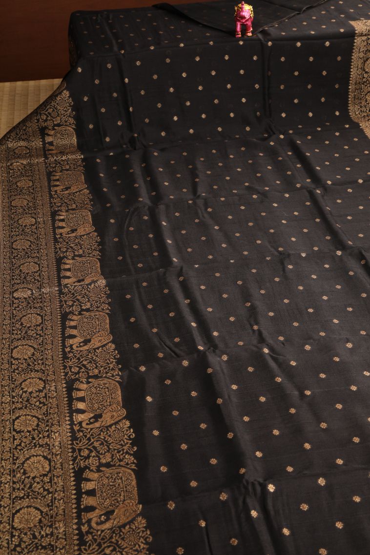 Asphalt Black Banaras Sarees with Antic Zari Floral Puttas view 2