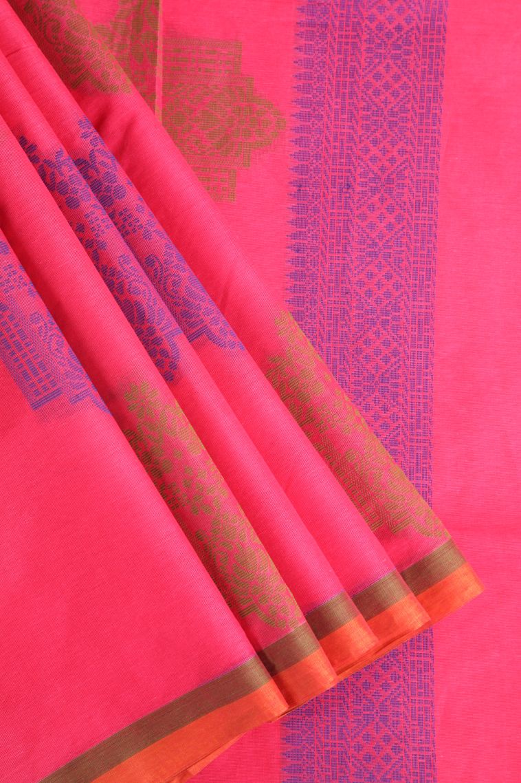 Bubblegum Pink Kovai Cotton Sarees with Without Zari Zari Floral Puttas
