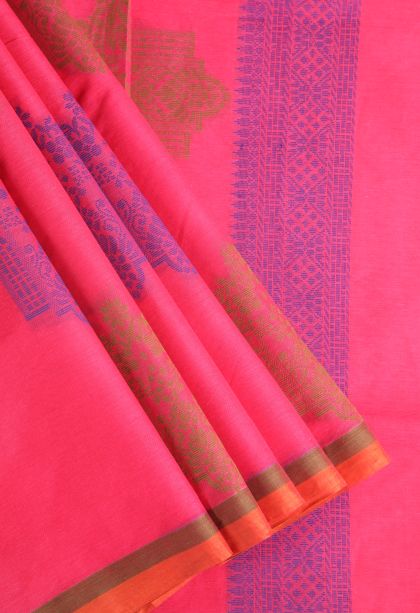 Bubblegum Pink Kovai Cotton Sarees with Without Zari Zari Floral Puttas