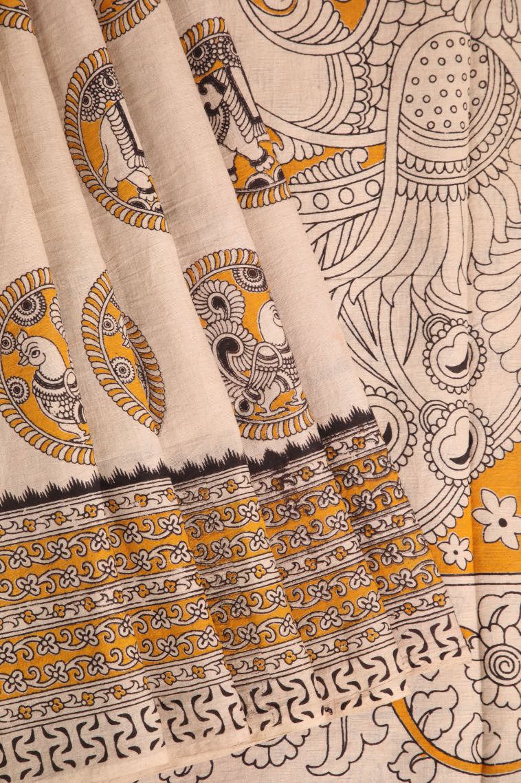 Vanilla Custard Yellow Kalamkari with Without Zari Zari Animal And Bird Motifs view 1