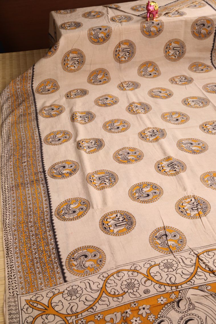 Vanilla Custard Yellow Kalamkari with Without Zari Zari Animal And Bird Motifs view 2