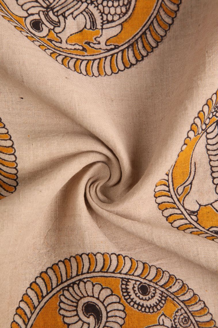 Vanilla Custard Yellow Kalamkari with Without Zari Zari Animal And Bird Motifs view 4