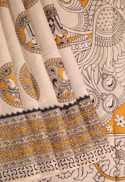 Vanilla Custard Yellow Kalamkari with Without Zari Zari Animal And Bird Motifs
