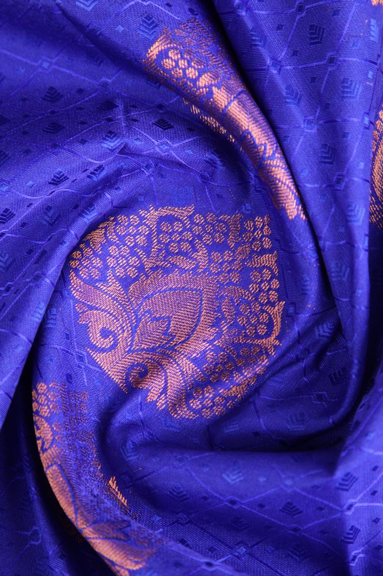 Cobalt Blue Visiri Madippu Silk Sarees with Copper Zari Floral Puttas view 4