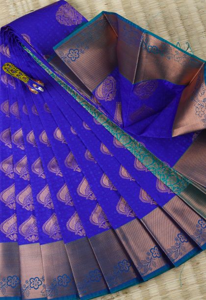 Cobalt Blue Visiri Madippu Silk Sarees with Copper Zari Floral Puttas