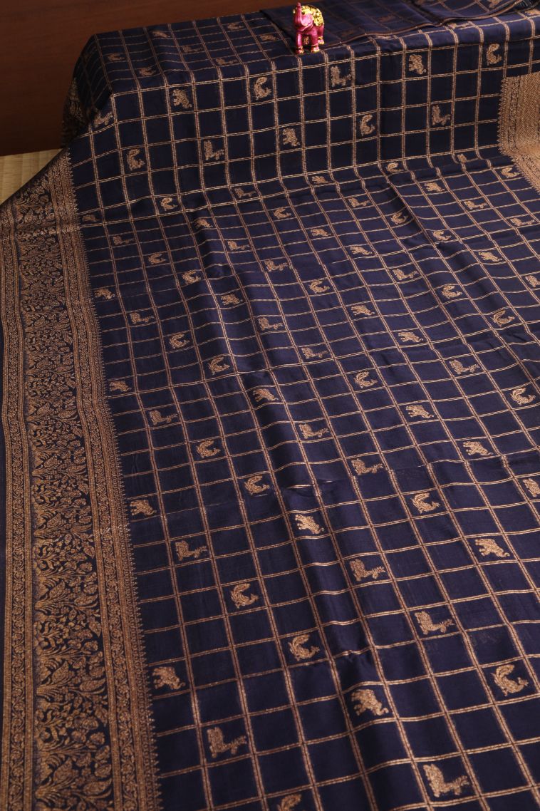 Indigo Blue Banaras Sarees with Antic Zari Animal  Mottif view 2