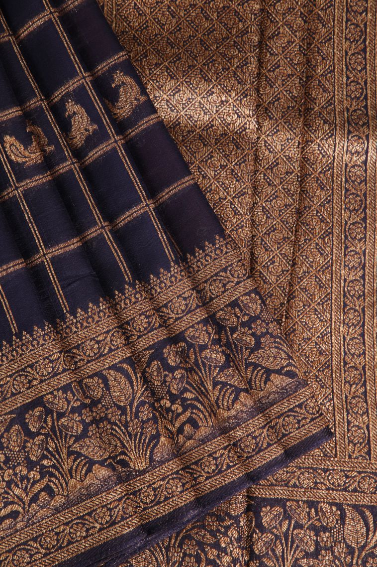 Indigo Blue Banaras Sarees with Antic Zari Animal  Mottif view 1