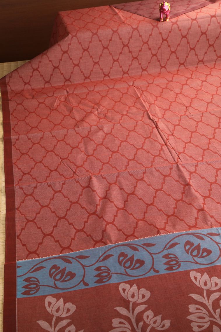 Blush Red Kovai Cotton Sarees with Without Zari Zari Geometric Shapes view 2