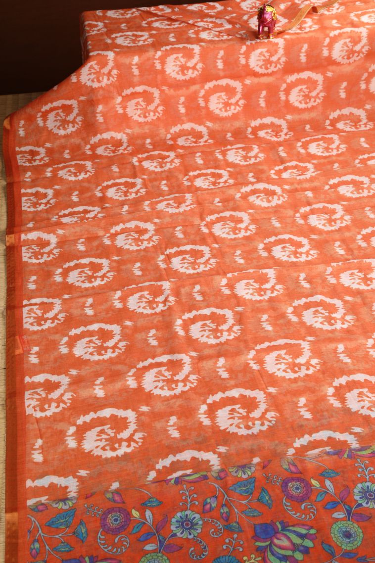 Tangerine Orange Linen Saree with Without Zari Zari Pathik Motifs view 2