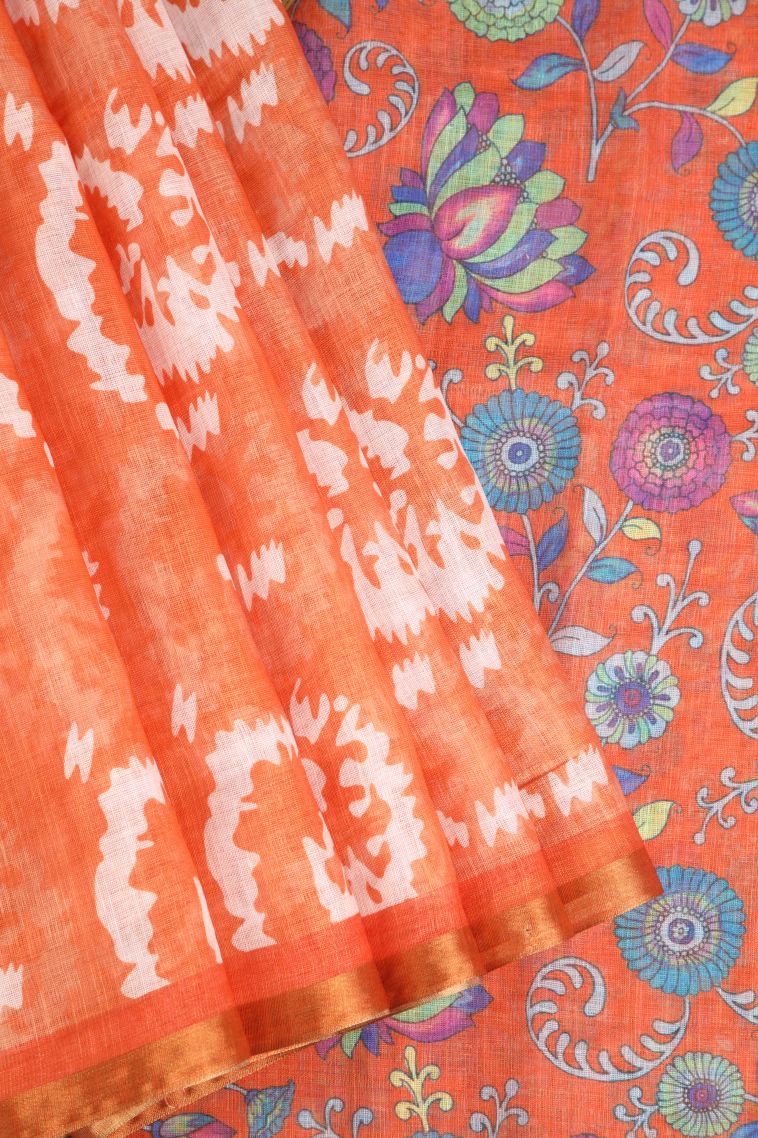 Tangerine Orange Linen Saree with Without Zari Zari Pathik Motifs view 1