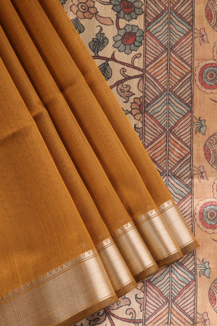 Tawny Brown Semi Tussar Silk with Gold Zari Plain view 1