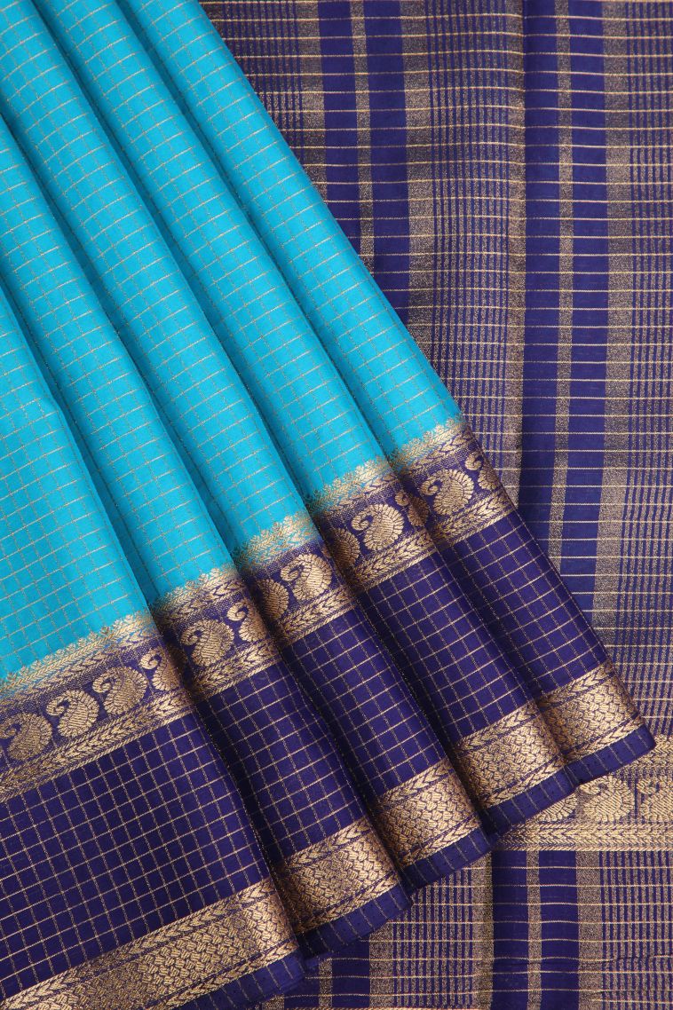 Sky Blue Fancy Saree with Gold Zari Checks view 1