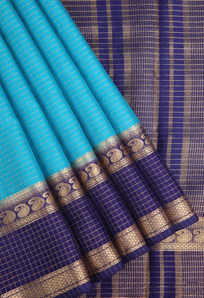 Sky Blue Fancy Saree with Gold Zari Checks