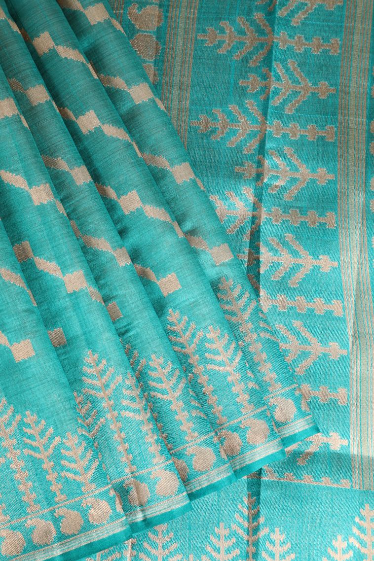 Teal Blue Semi Tussar Silk with Without Zari Zari Cross Straipes view 1