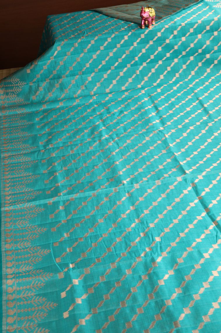 Teal Blue Semi Tussar Silk with Without Zari Zari Cross Straipes view 2
