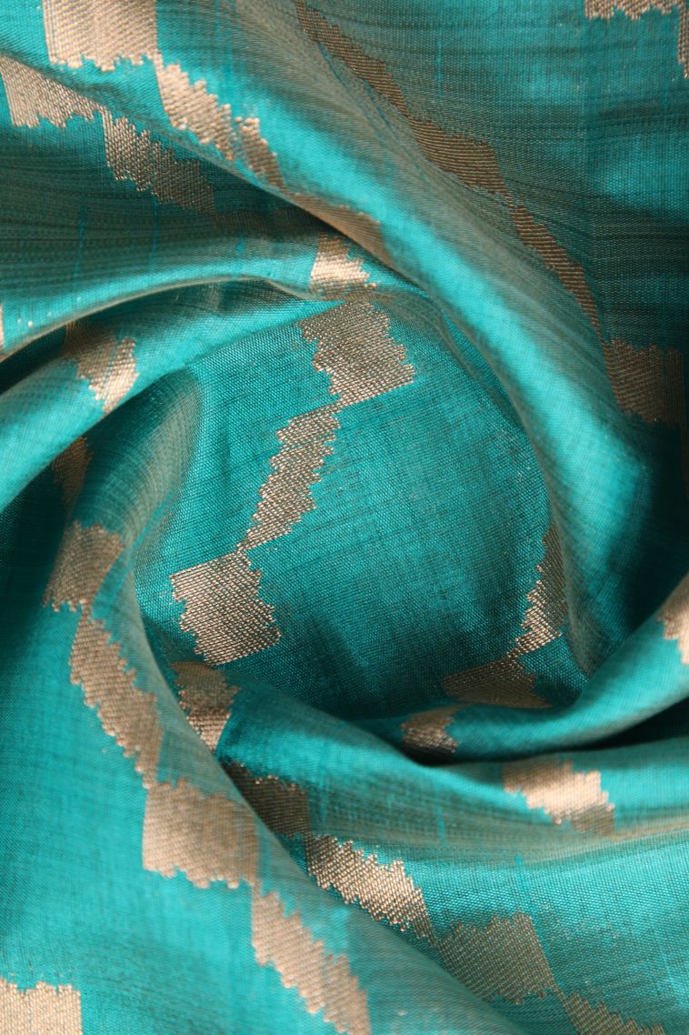 Teal Blue Semi Tussar Silk with Without Zari Zari Cross Straipes view 4