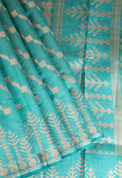 Teal Blue Semi Tussar Silk with Without Zari Zari Cross Straipes