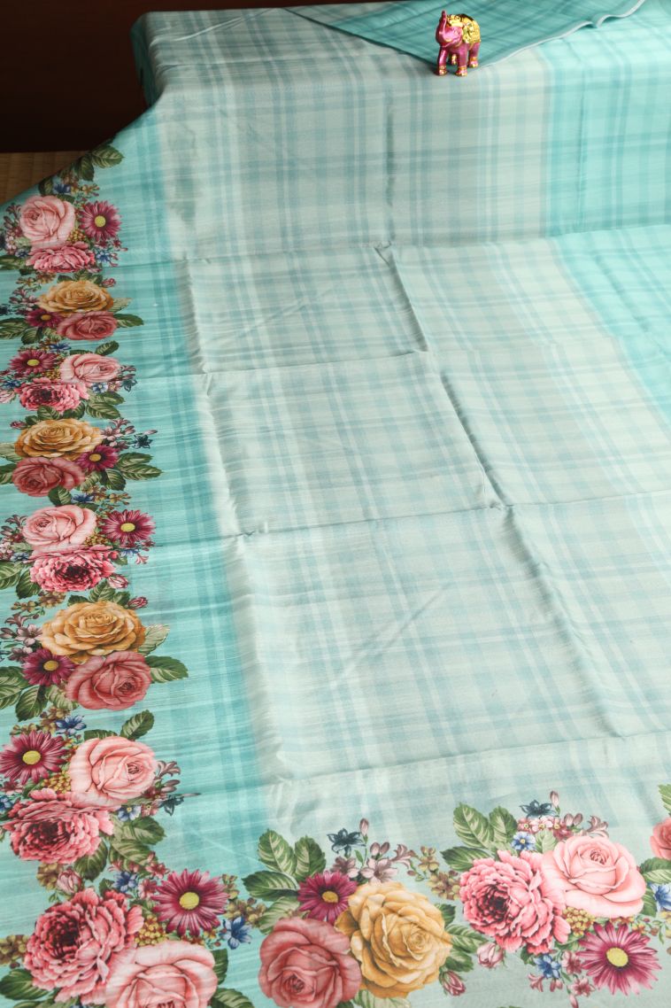 Teal Blue Semi Tussar Silk with Without Zari Zari Floral Patterns view 2