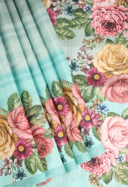 Teal Blue Semi Tussar Silk with Without Zari Zari Floral Patterns