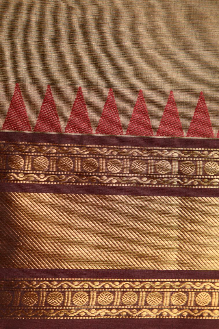Oat Yellow Chettinad Cotton Sarees with Gold Zari Plain view 3