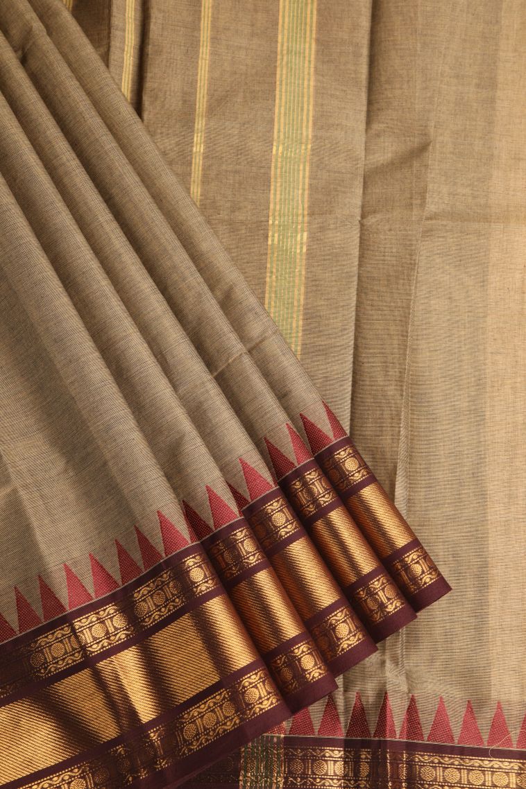 Oat Yellow Chettinad Cotton Sarees with Gold Zari Plain view 1