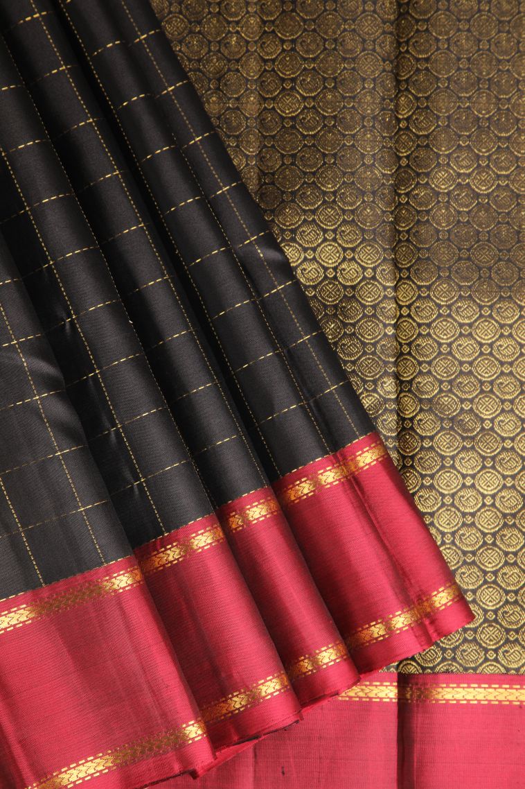 Asphalt Black Kanchipuram Silk Sarees with Gold Zari Checks view 1