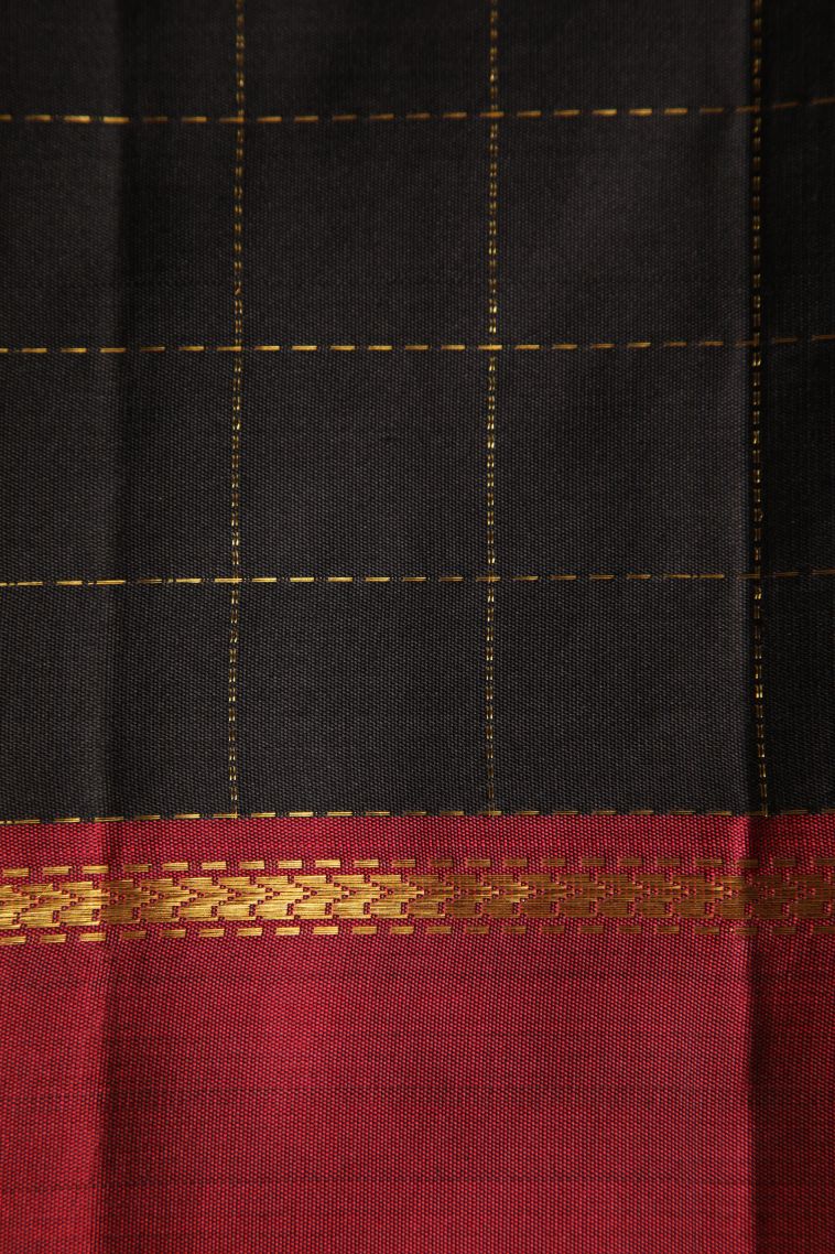 Asphalt Black Kanchipuram Silk Sarees with Gold Zari Checks view 4