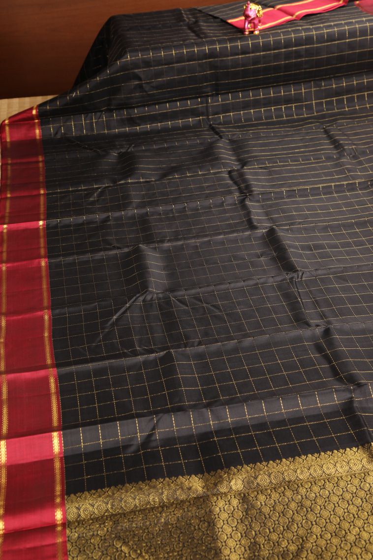 Asphalt Black Kanchipuram Silk Sarees with Gold Zari Checks view 2