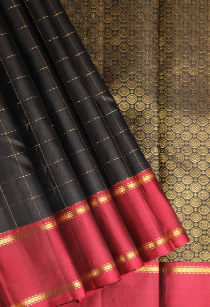 Asphalt Black Kanchipuram Silk Sarees with Gold Zari Checks