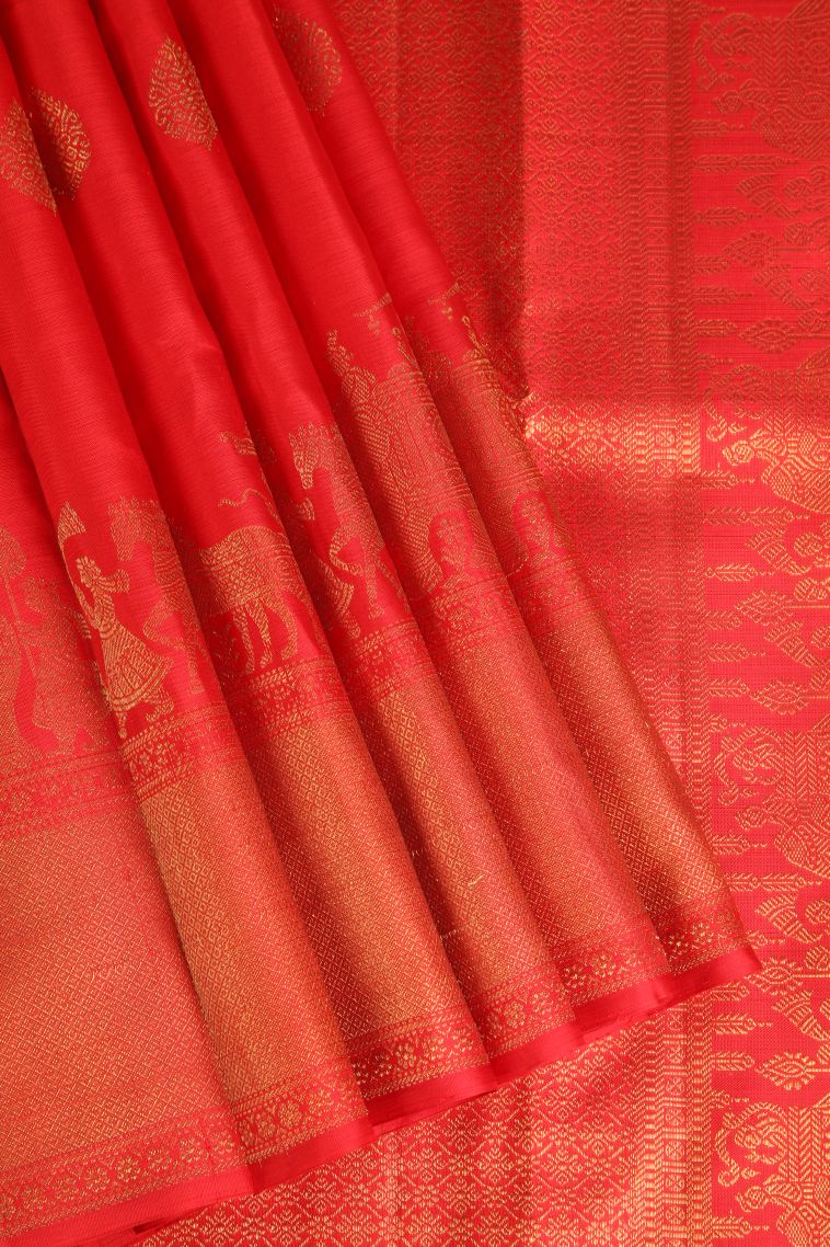 Candy Red Kanchipuram Silk Sarees with Gold Zari Puttas view 1