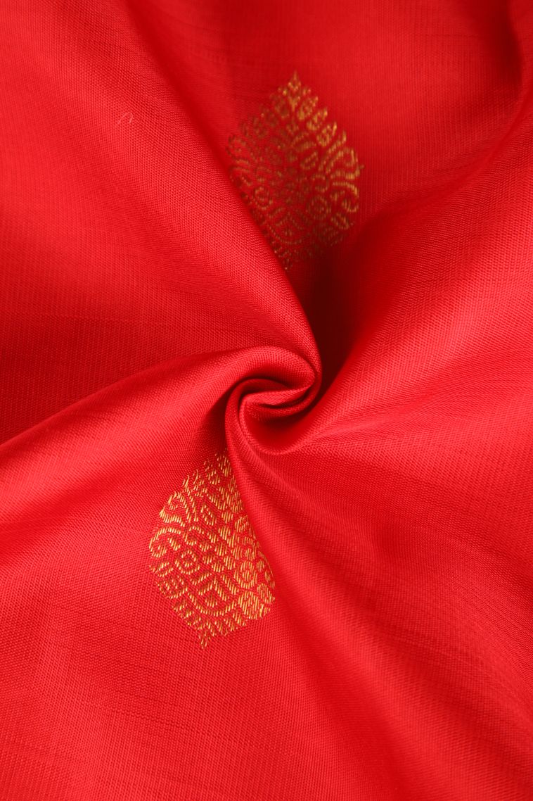 Candy Red Kanchipuram Silk Sarees with Gold Zari Puttas view 4