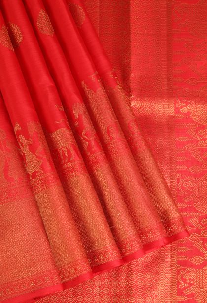 Candy Red Kanchipuram Silk Sarees with Gold Zari Puttas