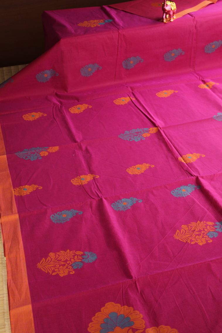 Hot Pink Kovai Cotton Sarees with Without Zari Zari Floral Puttas view 2