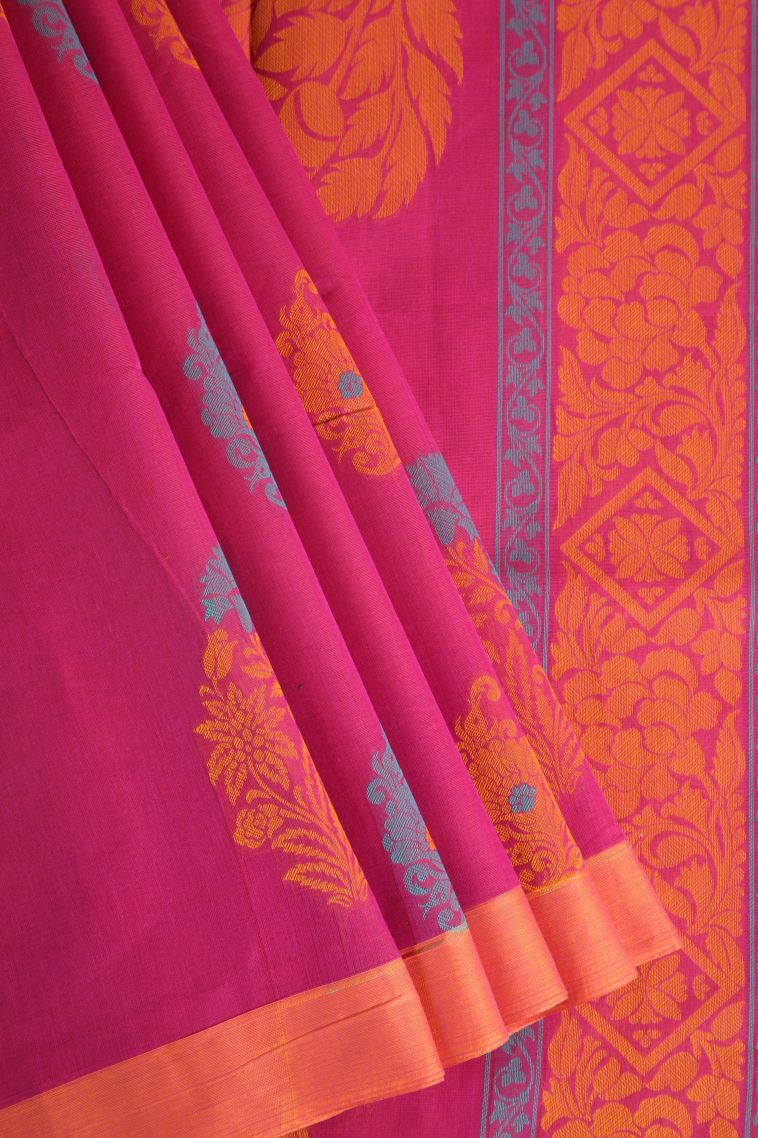 Hot Pink Kovai Cotton Sarees with Without Zari Zari Floral Puttas