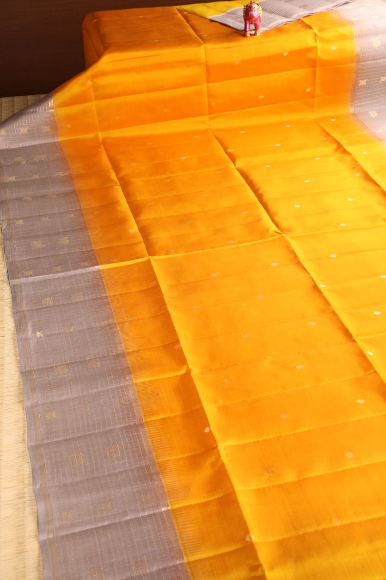 Marmalade Orange Soft Silk Saree with Gold Zari Floral Puttas view 2
