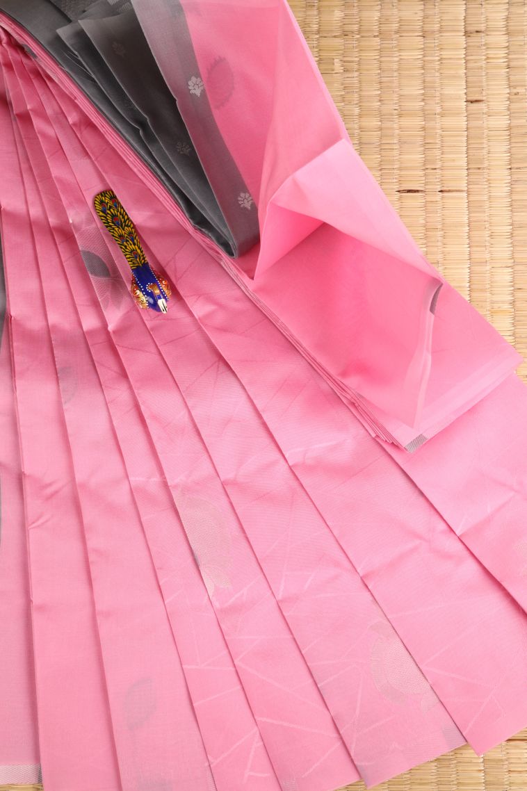 Rose Pink Visiri Madippu Silk Sarees with Silver Zari Floral Patterns view 1