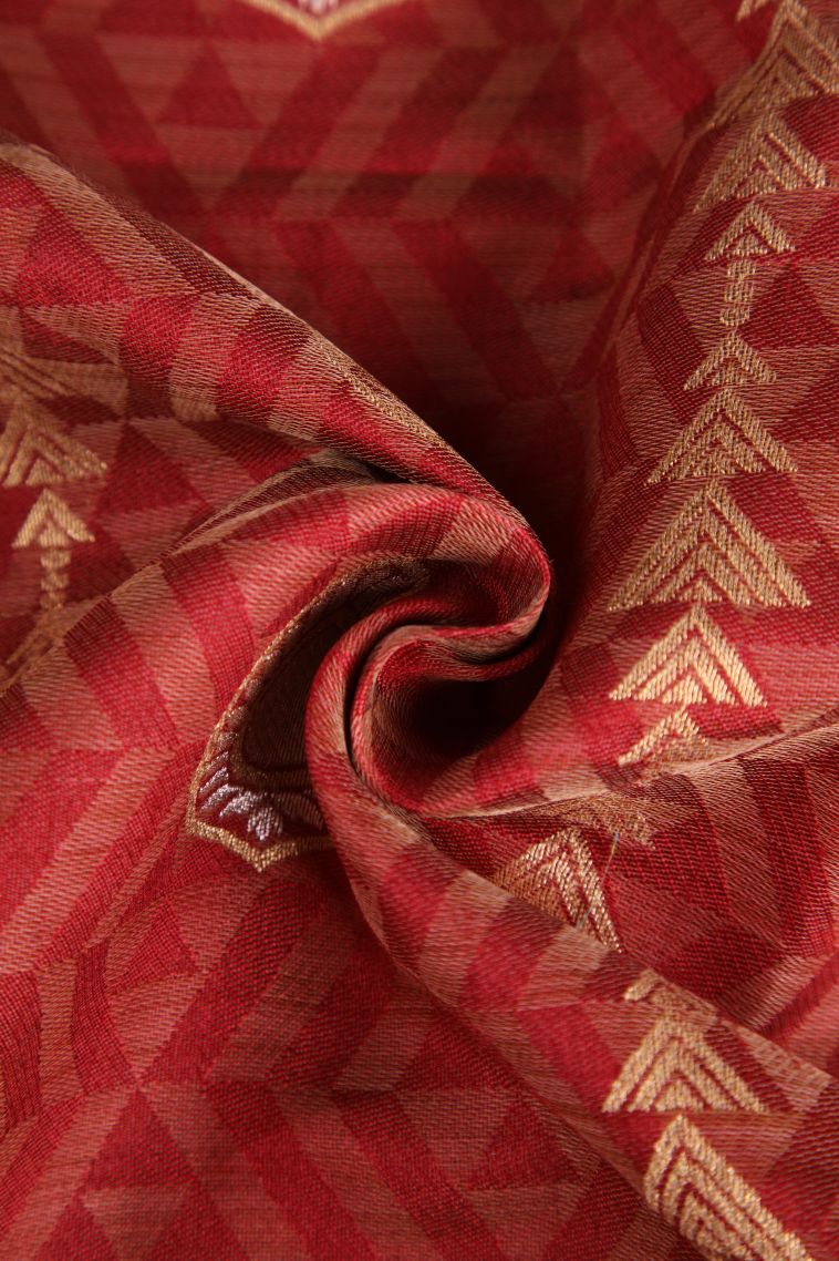 Crimson Red Semi Raw Silk Printed with Gold And Silver Zari Geometric Shapes view 4