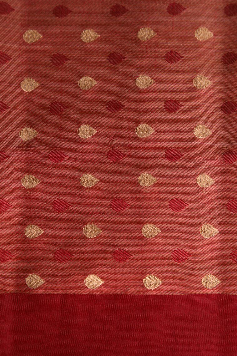Crimson Red Semi Raw Silk Printed with Gold And Silver Zari Geometric Shapes view 3