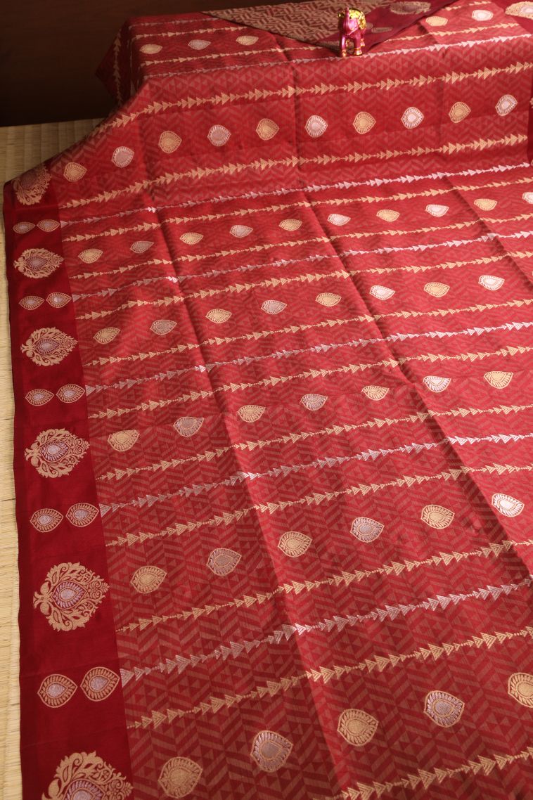 Crimson Red Semi Raw Silk Printed with Gold And Silver Zari Geometric Shapes view 2