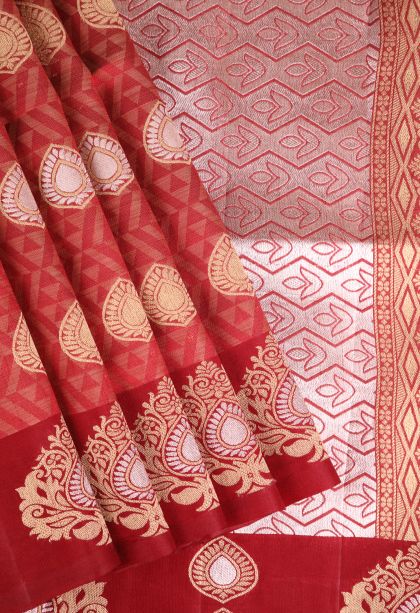 Crimson Red Semi Raw Silk Printed with Gold And Silver Zari Geometric Shapes