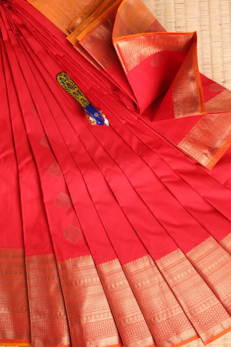 Rose  Red Visiri Madippu Silk Sarees with Copper Zari Floral Patterns view 1