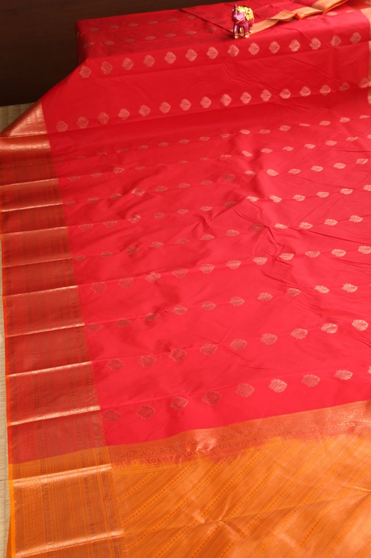 Rose  Red Visiri Madippu Silk Sarees with Copper Zari Floral Patterns view 2
