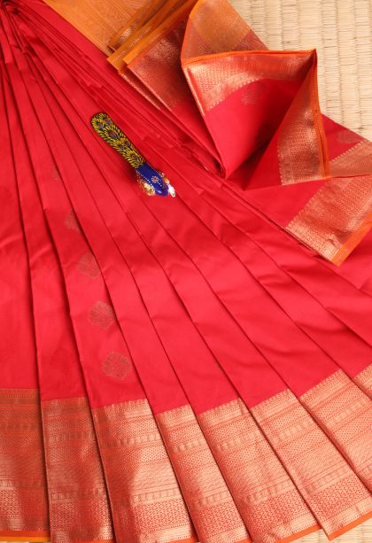 Rose  Red Visiri Madippu Silk Sarees with Copper Zari Floral Patterns