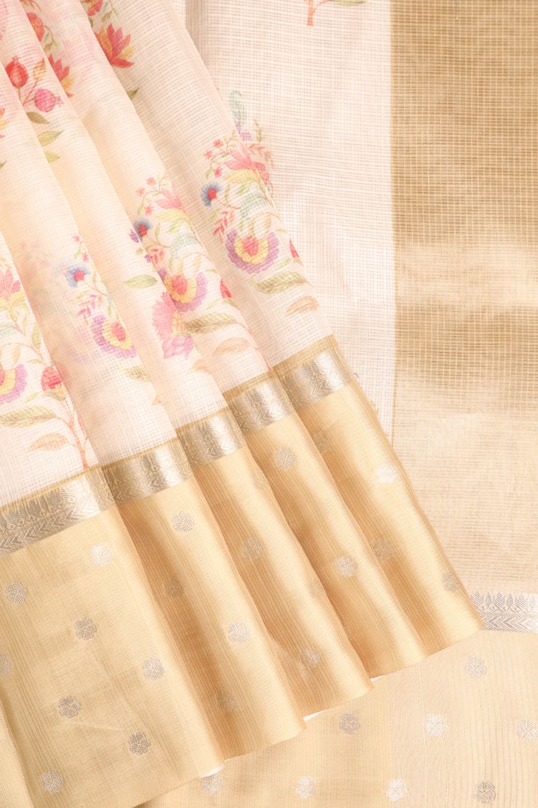Vanilla Custard Yellow Manipuri Cotton Sarees with Silver Zari Floral Patterns view 1