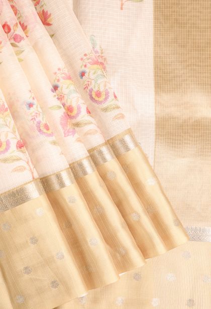 Vanilla Custard Yellow Manipuri Cotton Sarees with Silver Zari Floral Patterns