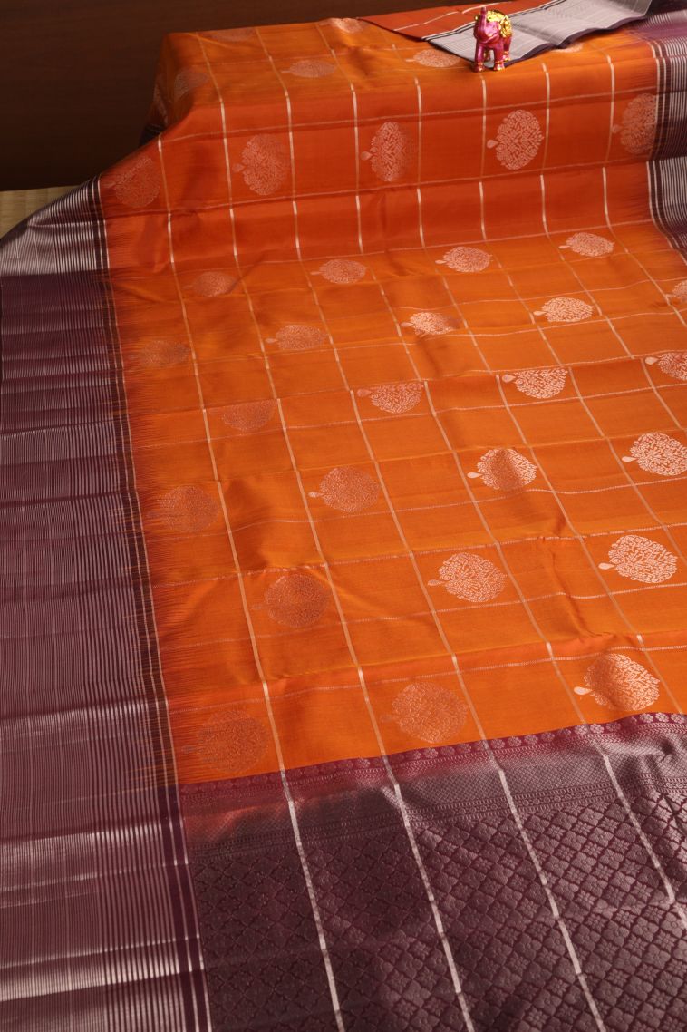 Rust Orange Soft Silk Saree with Gold Zari Checks And Puttas view 2